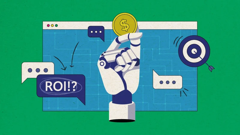 Illustration of a robotic hand holding a gold coin in front of a web browser window. Surrounding the hand are speech bubbles, one with the text "ROI!?", and a target with an arrow hitting the bullseye, representing AI-driven marketing and ROI. The background features circuit-like patterns, suggesting technology and automation.