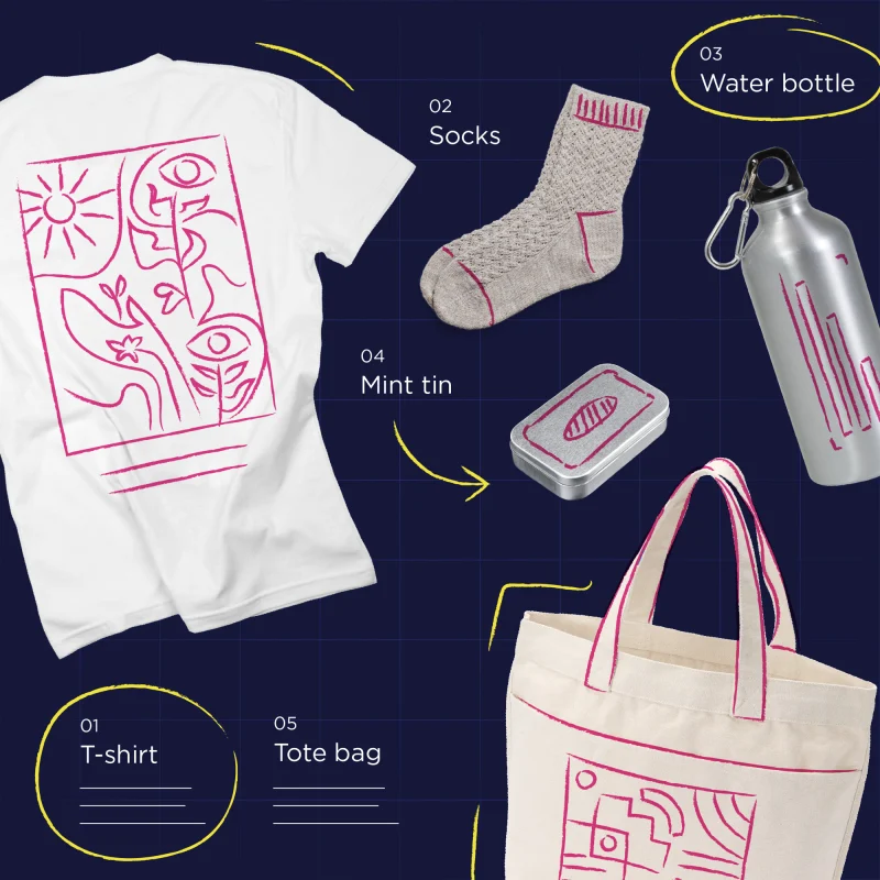 A collection of branded swag items displayed on a dark blue background, including a white T-shirt with a pink abstract design, gray socks with pink accents, a silver water bottle with a pink graphic, a small silver mint tin with a pink logo, and a cream-colored tote bag with a pink geometric design. Yellow starburst accents and an oval blue sticker that says "+MANY MORE!" are also featured.