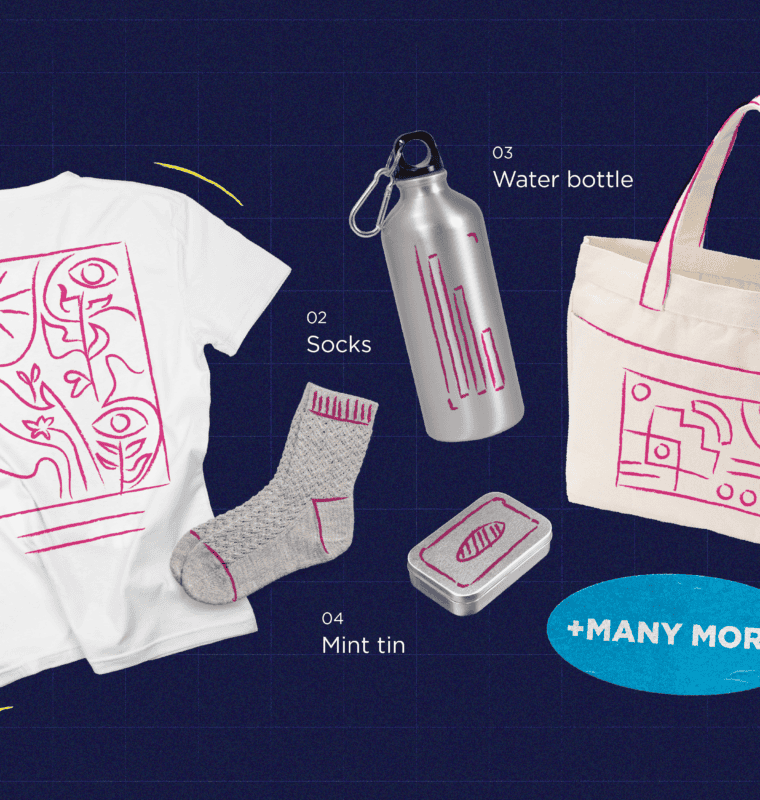 A collection of branded swag items displayed on a dark blue background, including a white T-shirt with a pink abstract design, gray socks with pink accents, a silver water bottle with a pink graphic, a small silver mint tin with a pink logo, and a cream-colored tote bag with a pink geometric design. Yellow starburst accents and an oval blue sticker that says 