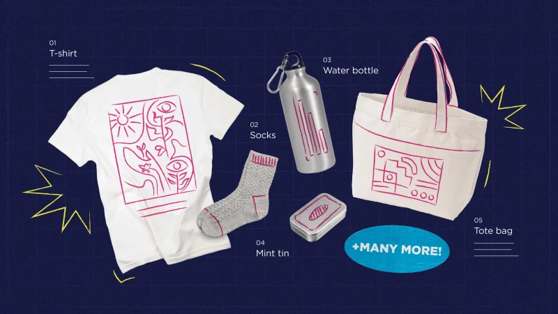 A collection of branded swag items displayed on a dark blue background, including a white T-shirt with a pink abstract design, gray socks with pink accents, a silver water bottle with a pink graphic, a small silver mint tin with a pink logo, and a cream-colored tote bag with a pink geometric design. Yellow starburst accents and an oval blue sticker that says "+MANY MORE!" are also featured.