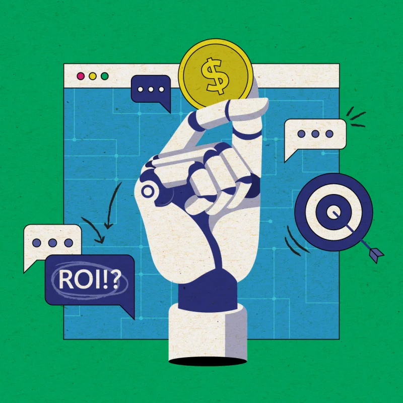 Illustration of a robotic hand holding a gold coin in front of a web browser window. Surrounding the hand are speech bubbles, one with the text "ROI!?", and a target with an arrow hitting the bullseye, representing AI-driven marketing and ROI. The background features circuit-like patterns, suggesting technology and automation.