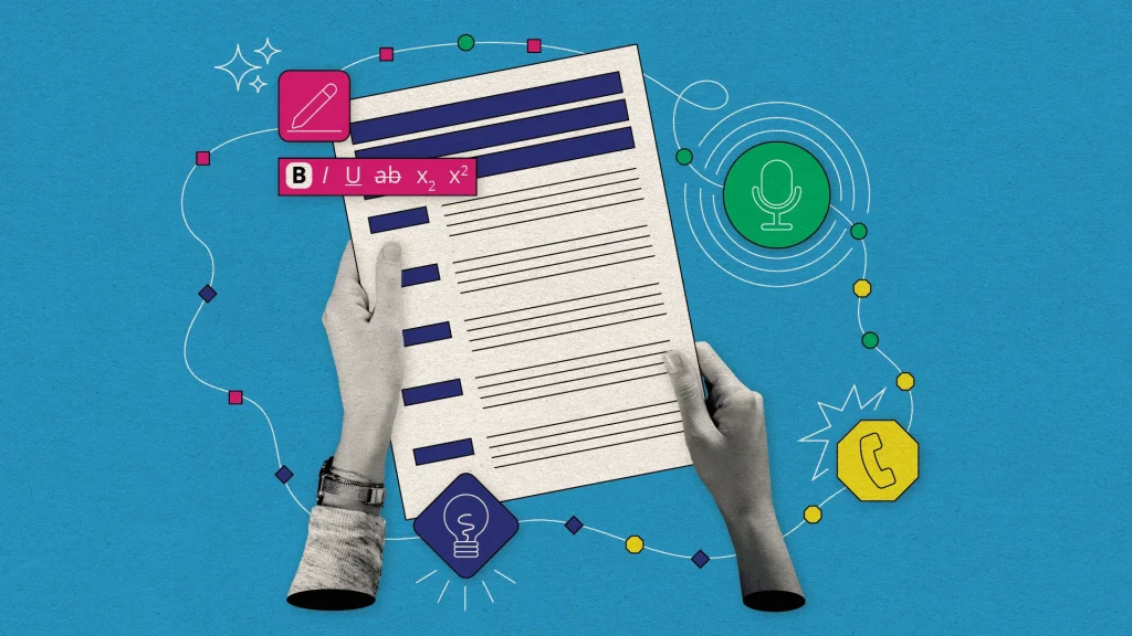 Collage-style digital illustration of two hands holding a document with highlighted lines. Surrounding the document are icons representing communication and creativity, including a microphone, a phone, a speech bubble, and a light bulb. The background is blue with abstract connecting lines and geometric shapes.