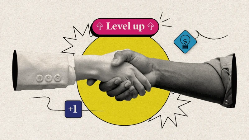 Two hands shaking in a firm handshake, emerging from opposite sides of the image, symbolizing agreement or partnership. Behind them is a bright yellow circle with a pink button above it that says 'Level up,' surrounded by graphic icons of a lightbulb and '+1', all set against a textured beige background.