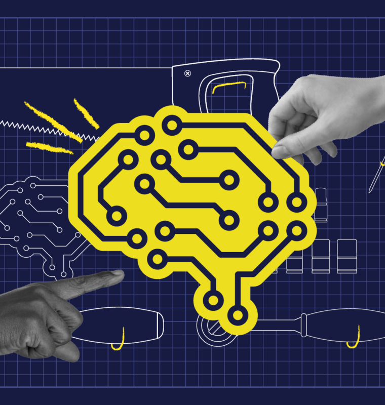 Collage-style graphic showing a bright yellow AI brain icon with circuit patterns, surrounded by illustrated hand tools like a saw, hammer, screwdriver, and pliers. Two realistic hands point and interact with the brain, set against a dark blue grid background, symbolizing the intersection of technology and craftsmanship.