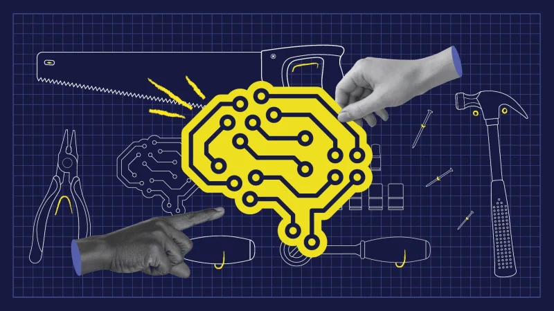 Collage-style graphic showing a bright yellow AI brain icon with circuit patterns, surrounded by illustrated hand tools like a saw, hammer, screwdriver, and pliers. Two realistic hands point and interact with the brain, set against a dark blue grid background, symbolizing the intersection of technology and craftsmanship.