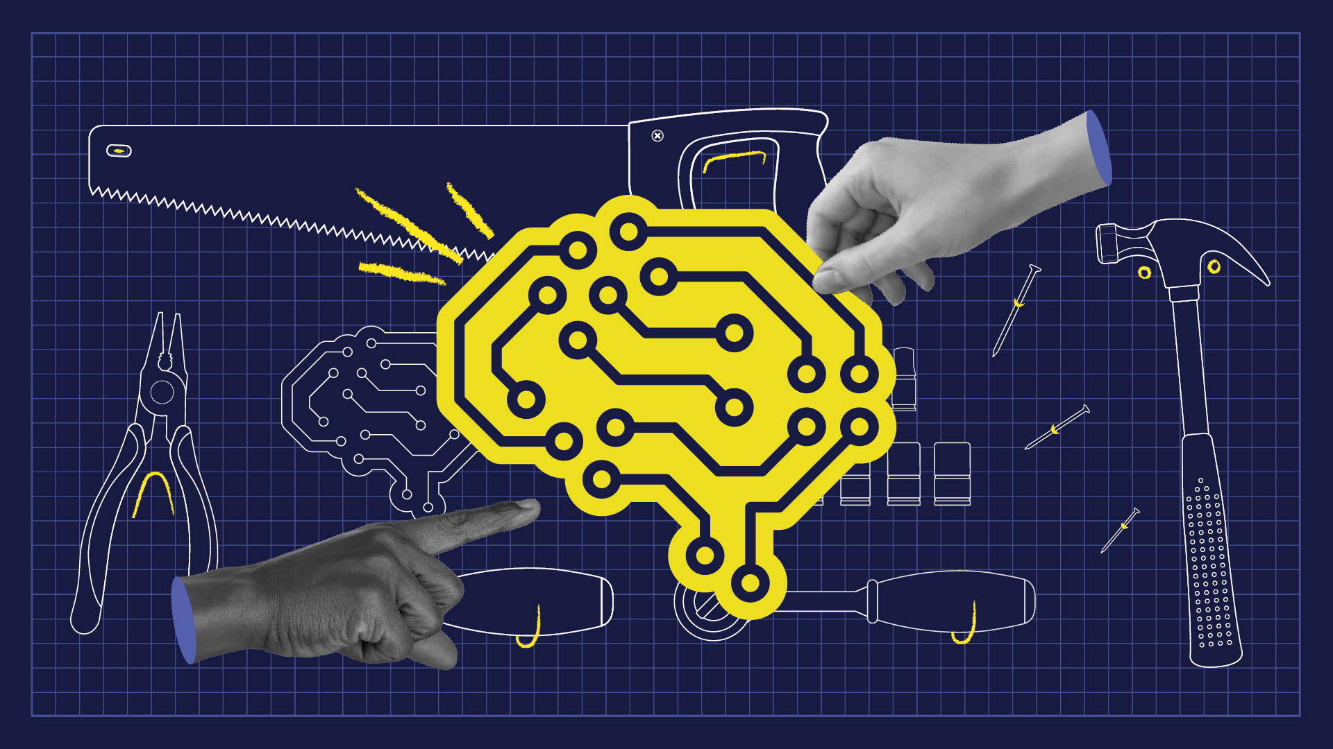 Collage-style graphic showing a bright yellow AI brain icon with circuit patterns, surrounded by illustrated hand tools like a saw, hammer, screwdriver, and pliers. Two realistic hands point and interact with the brain, set against a dark blue grid background, symbolizing the intersection of technology and craftsmanship.