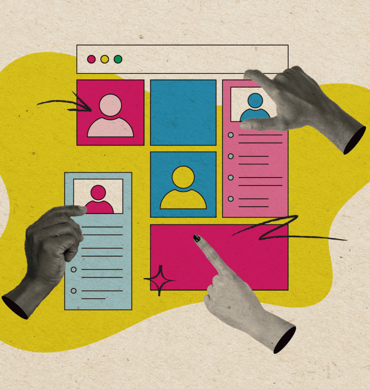 Illustration of a stylized web page layout with colorful profile cards, checklists, and various hand cutouts pointing or placing profile elements. The background is a textured beige with yellow and blue accent shapes, suggesting the theme of recruitment or selecting candidates.