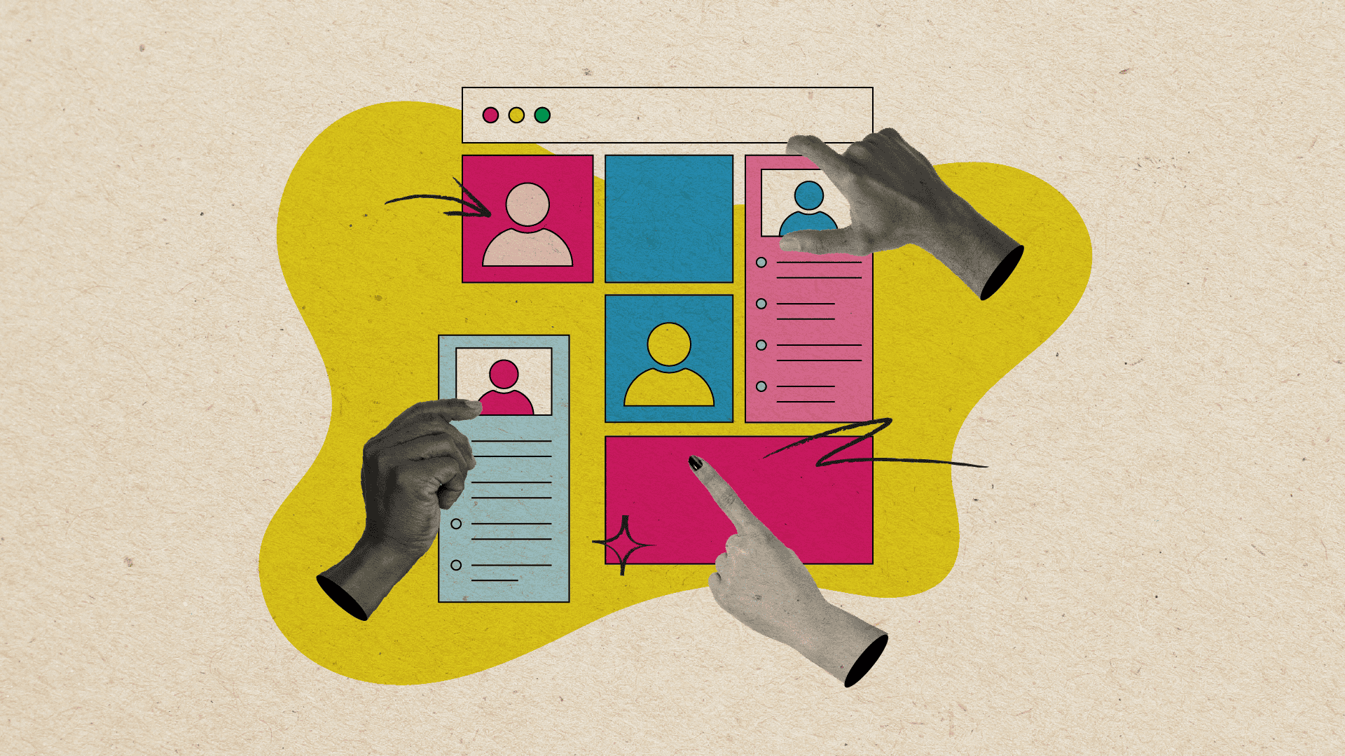 Illustration of a stylized web page layout with colorful profile cards, checklists, and various hand cutouts pointing or placing profile elements. The background is a textured beige with yellow and blue accent shapes, suggesting the theme of recruitment or selecting candidates.