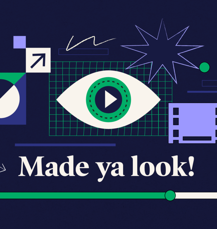 Stylized graphic of an eye with a play button in the center, surrounded by abstract video icons, arrows, and shapes on a dark blue background. Text reads 