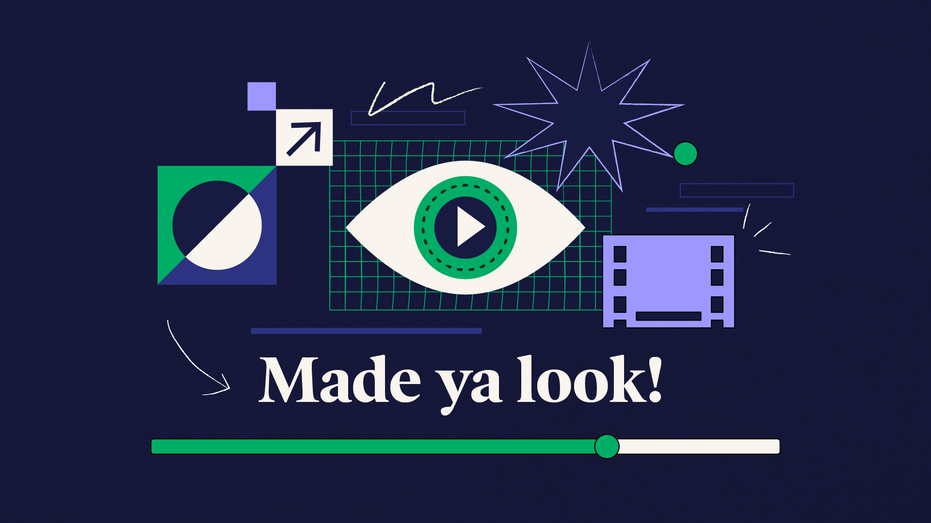 Stylized graphic of an eye with a play button in the center, surrounded by abstract video icons, arrows, and shapes on a dark blue background. Text reads