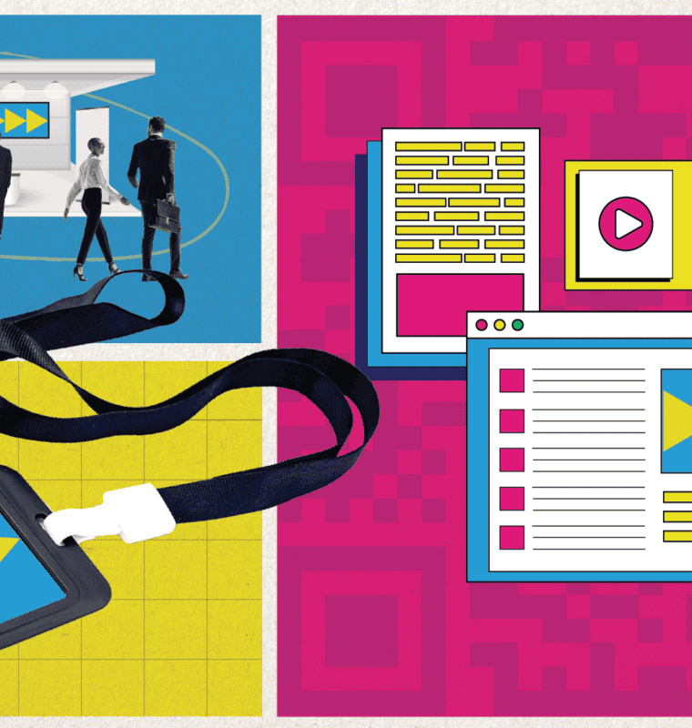A collage-style graphic showing elements of a marketing event: a trade show booth with people walking in, digital content like a video player and webpage layout, and a conference badge on a lanyard. The background features bold colors and geometric patterns, emphasizing momentum and engagement.