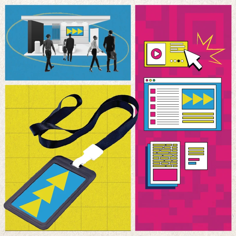 A collage-style graphic showing elements of a marketing event: a trade show booth with people walking in, digital content like a video player and webpage layout, and a conference badge on a lanyard. The background features bold colors and geometric patterns, emphasizing momentum and engagement.