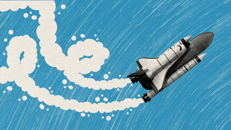 Illustration of a space shuttle launching into the sky, leaving a swirling trail of smoke against a blue, textured background with white streaks suggesting motion or stars.