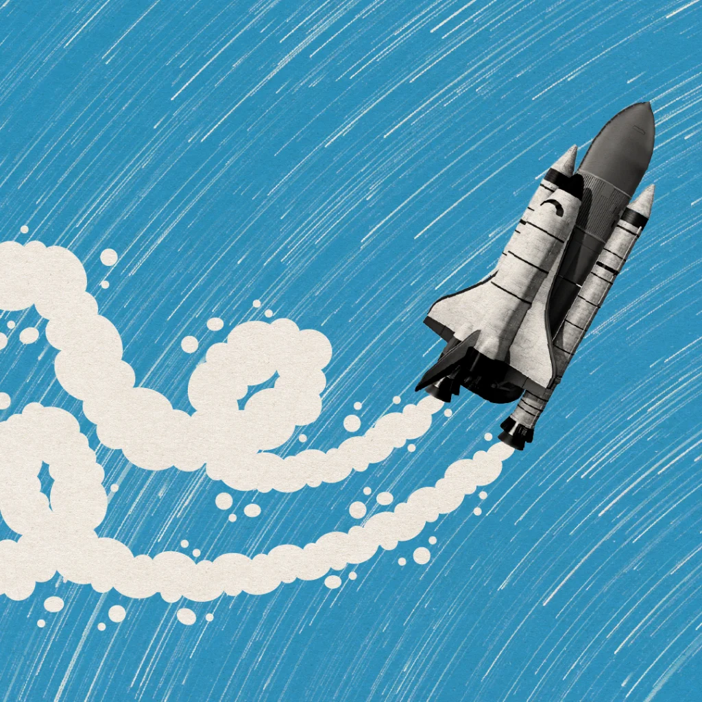 Illustration of a space shuttle launching into the sky, leaving a swirling trail of smoke against a blue, textured background with white streaks suggesting motion or stars.