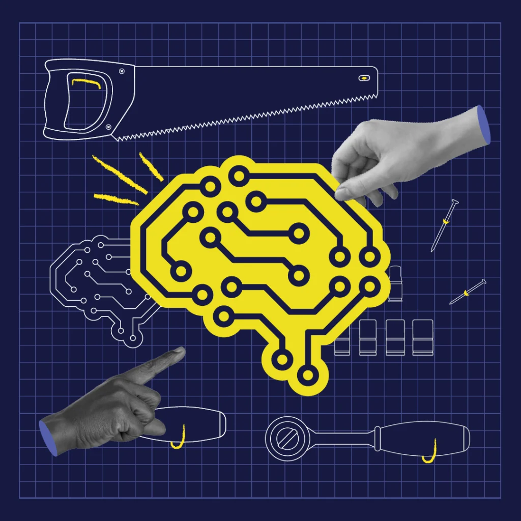 Collage-style graphic showing a bright yellow AI brain icon with circuit patterns, surrounded by illustrated hand tools like a saw, hammer, screwdriver, and pliers. Two realistic hands point and interact with the brain, set against a dark blue grid background, symbolizing the intersection of technology and craftsmanship.