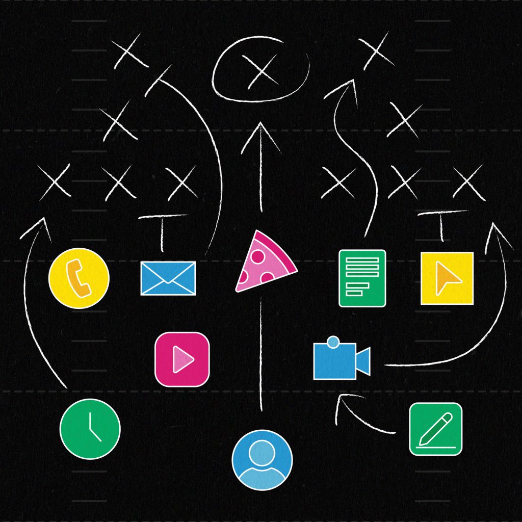 A chalkboard football play diagram with Xs and arrows, a pizza slice as the ball, and icons for phone, email, video, documents, and a clock along the line of scrimmage.