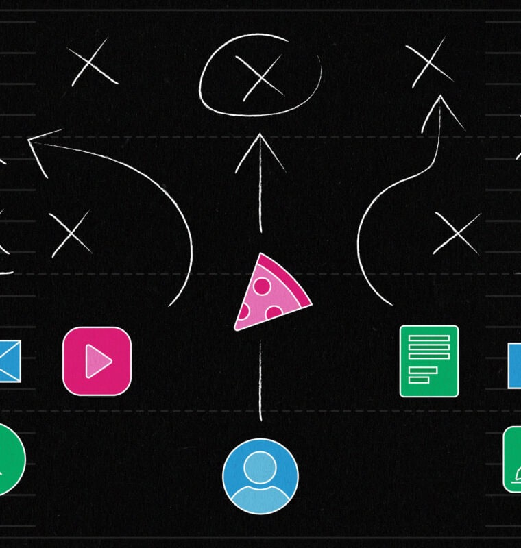 Illustration of a football-style playbook with Xs, arrows, and icons for communication and content tools—like phone, email, video, document, and clock—surrounding a slice of pizza at the center. A blue user icon is at the bottom, suggesting a strategy or play involving multiple media types and engagement channels.