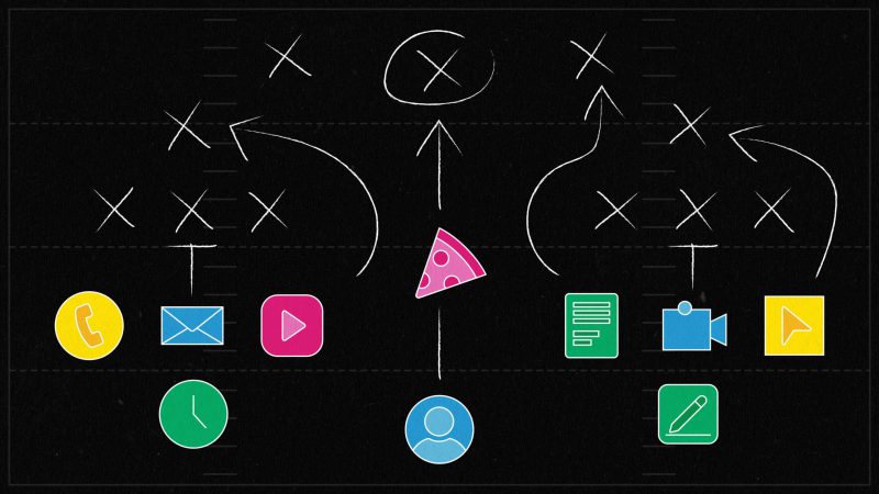 A chalkboard football play diagram with Xs and arrows, a pizza slice as the ball, and icons for phone, email, video, documents, and a clock along the line of scrimmage.