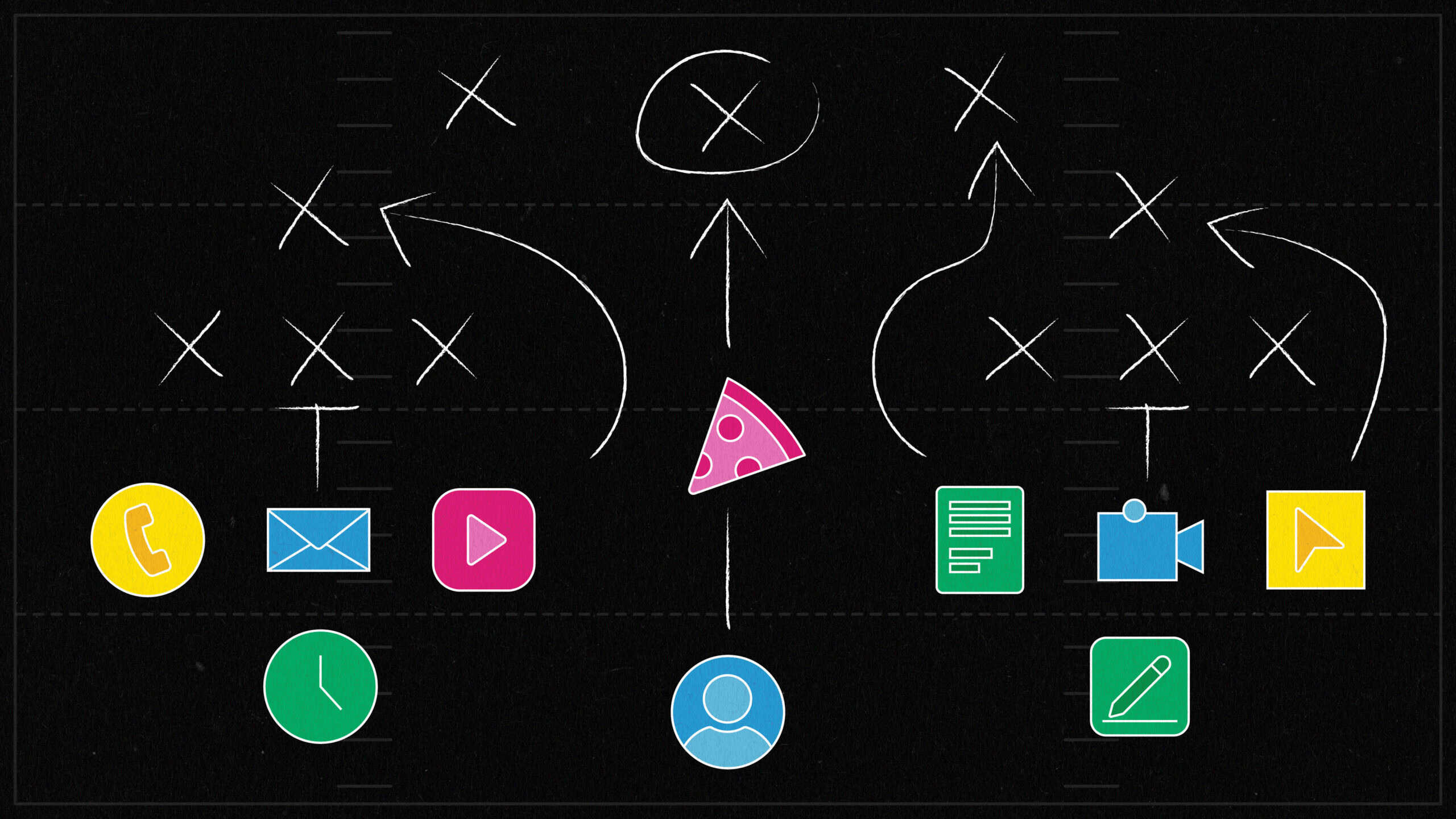 Illustration of a football-style playbook with Xs, arrows, and icons for communication and content tools—like phone, email, video, document, and clock—surrounding a slice of pizza at the center. A blue user icon is at the bottom, suggesting a strategy or play involving multiple media types and engagement channels.