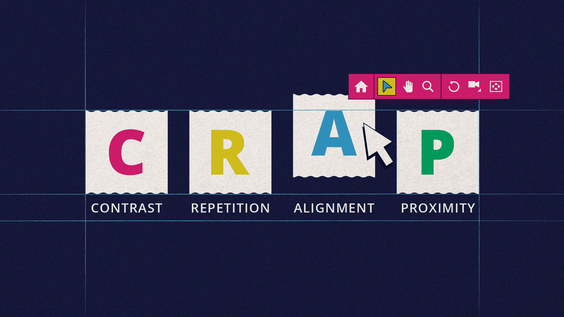 Graphic of the word “CRAP,” with each letter in a colorful block: C (pink) for Contrast, R (yellow) for Repetition, A (blue) for Alignment, and P (green) for Proximity. A large cursor points at the “A” block, and a bright pink toolbar with design tool icons appears above, representing design principles.