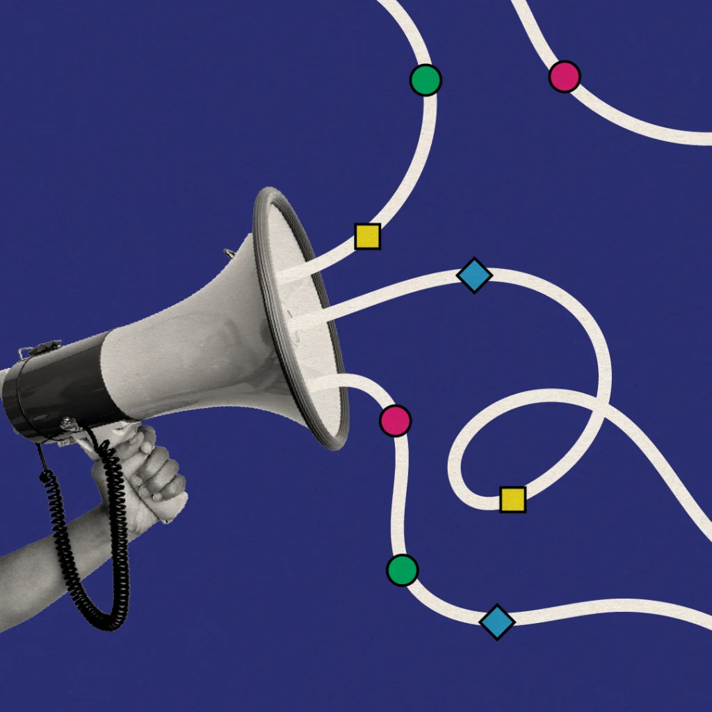 A megaphone held by a hand emits winding, looping paths that intersect with colorful geometric nodes (squares, circles, diamonds) on a deep blue background, symbolizing communication and connection points.