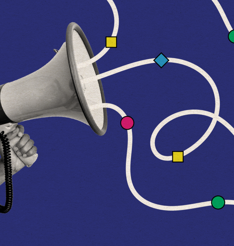 A megaphone held by a hand emits winding, looping paths that intersect with colorful geometric nodes (squares, circles, diamonds) on a deep blue background, symbolizing communication and connection points.