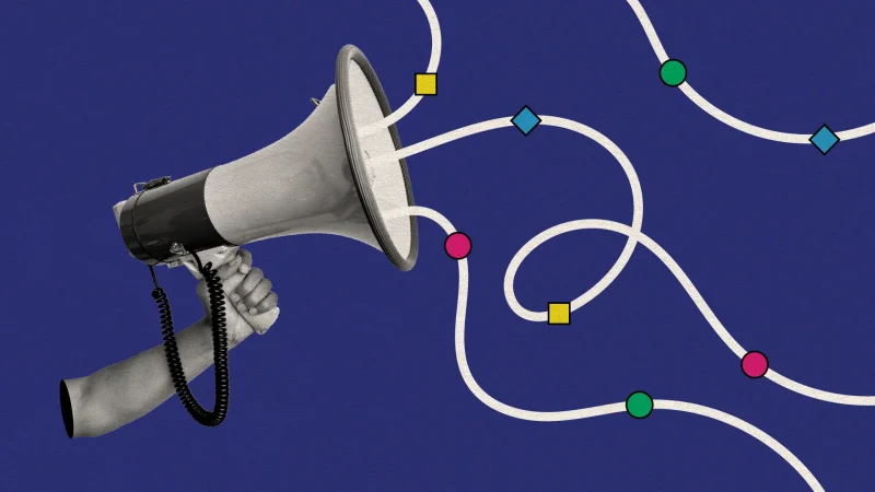 A megaphone held by a hand emits winding, looping paths that intersect with colorful geometric nodes (squares, circles, diamonds) on a deep blue background, symbolizing communication and connection points.