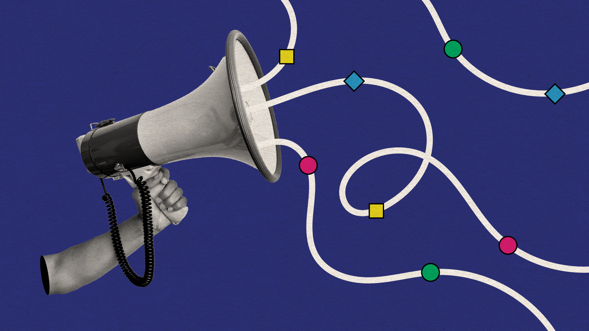 A megaphone held by a hand emits winding, looping paths that intersect with colorful geometric nodes (squares, circles, diamonds) on a deep blue background, symbolizing communication and connection points.