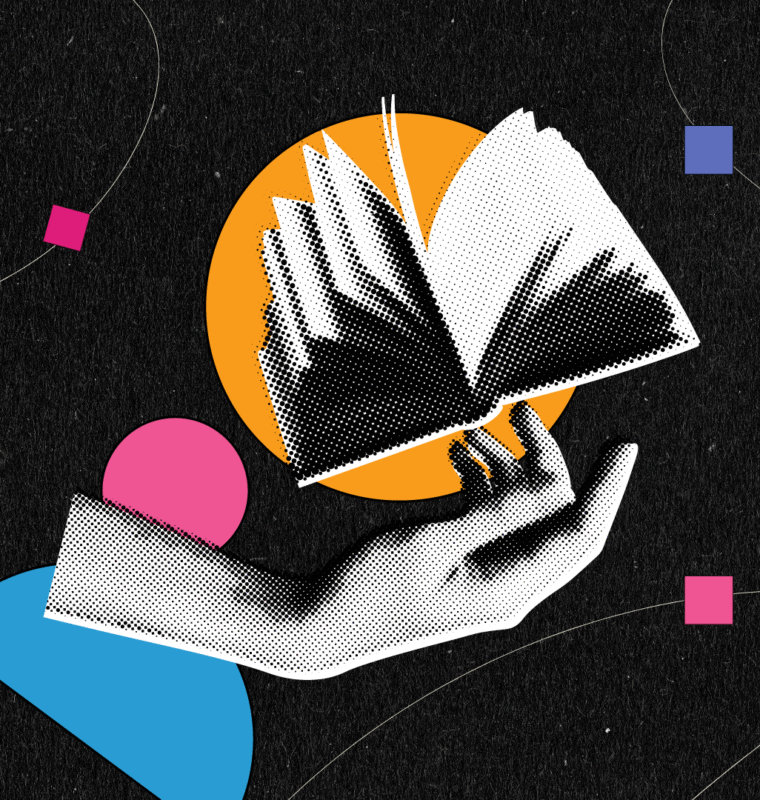 Collage-style artwork featuring a hand holding an open book with fanned-out pages. The background is black with abstract colorful shapes (orange circle, pink and blue semicircles, and small squares) and flowing line accents, creating a dynamic and creative visual.