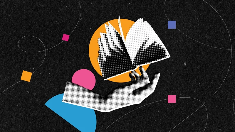 Collage-style artwork featuring a hand holding an open book with fanned-out pages. The background is black with abstract colorful shapes (orange circle, pink and blue semicircles, and small squares) and flowing line accents, creating a dynamic and creative visual.