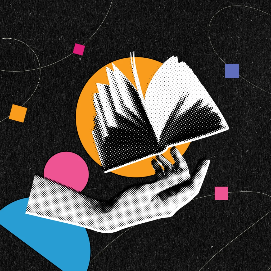 Collage-style artwork featuring a hand holding an open book with fanned-out pages. The background is black with abstract colorful shapes (orange circle, pink and blue semicircles, and small squares) and flowing line accents, creating a dynamic and creative visual.