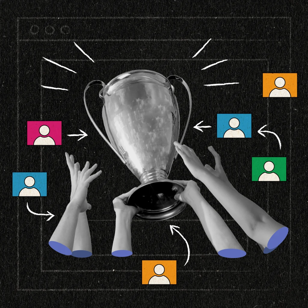 Illustration of multiple hands raising a large silver trophy, surrounded by colorful icons representing people. Arrows connect the icons in various directions, suggesting collaboration or a network. The background features a subtle computer window outline, symbolizing a digital or webinar setting.
