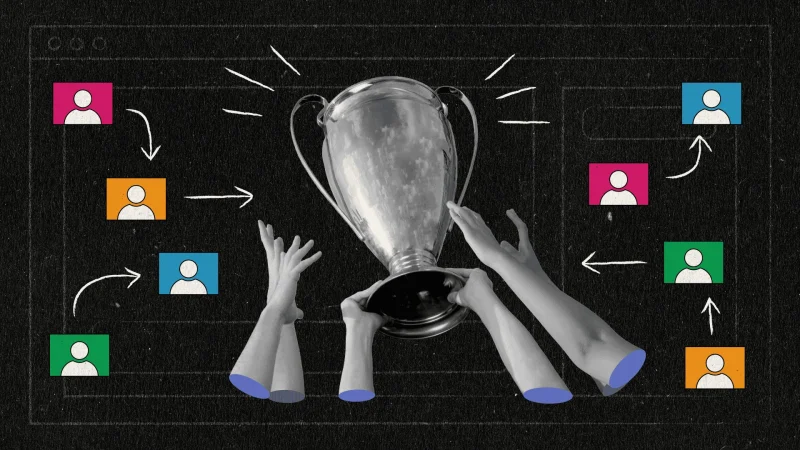 Illustration of multiple hands raising a large silver trophy, surrounded by colorful icons representing people. Arrows connect the icons in various directions, suggesting collaboration or a network. The background features a subtle computer window outline, symbolizing a digital or webinar setting.