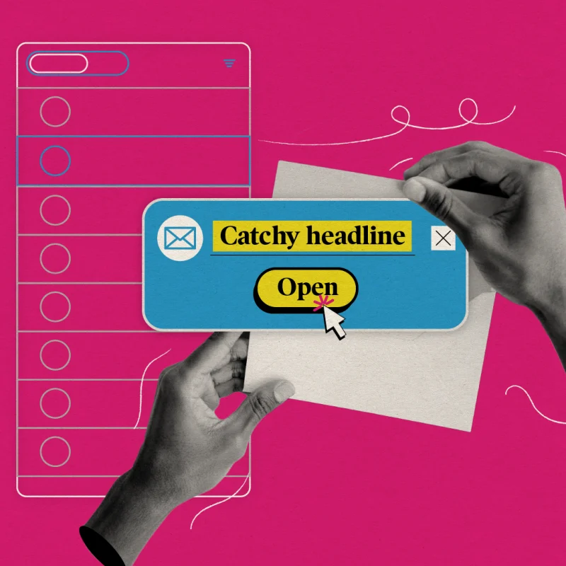 A stylized collage showing a person holding an envelope while a large, digital email notification overlays the scene. The email preview features a blue box with the text "Catchy headline" in bold yellow and a large "Open" button being clicked. The background is bright pink with abstract swirls, and a faint outline of an inbox appears on the left side.