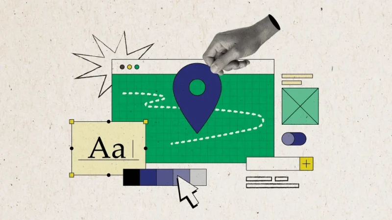 Collage-style illustration of a computer window with a green grid background, a large blue location pin in the center, and a hand placing it. Surrounding elements include design icons like a text size 'Aa' box, color palette, toggle switch, image placeholder, and interface buttons, representing digital design and navigation