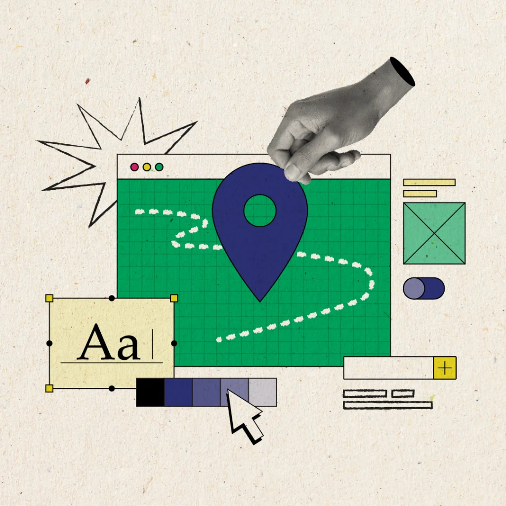 Collage-style illustration of a computer window with a green grid background, a large blue location pin in the center, and a hand placing it. Surrounding elements include design icons like a text size 'Aa' box, color palette, toggle switch, image placeholder, and interface buttons, representing digital design and navigation
