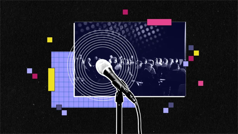 A microphone in the foreground with an audience seated in the background, overlaid with concentric circles and colorful geometric shapes on a dark textured background.