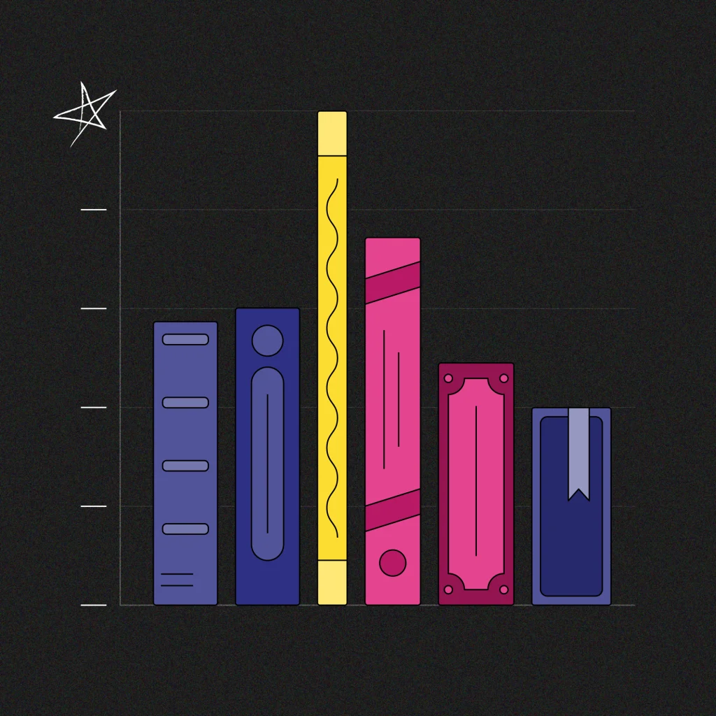 Illustration of colorful books arranged like a bar chart on a dark background, symbolizing data-driven storytelling or impactful eBook creation.