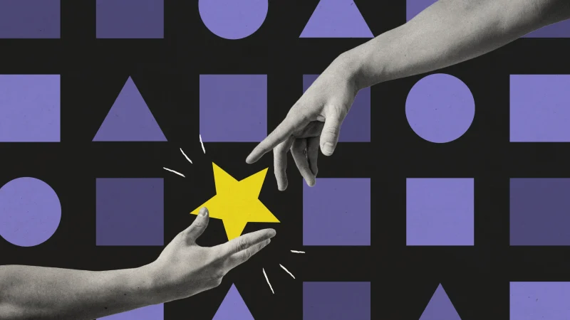 Collage-style image of two grayscale hands exchanging a bright yellow star, set against a black background with purple geometric shapes including circles, squares, and triangles.