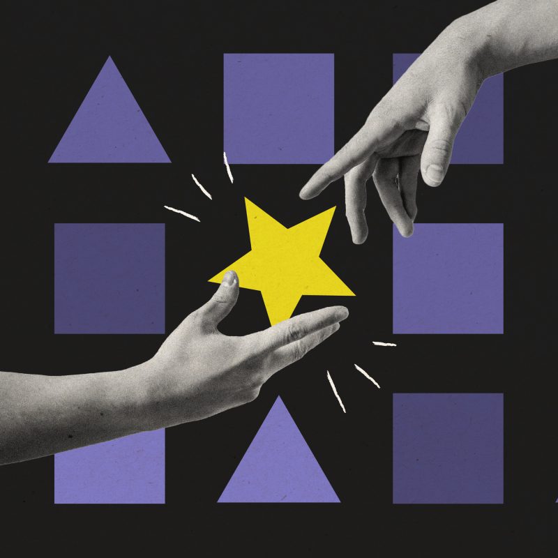 Collage-style image of two grayscale hands exchanging a bright yellow star, set against a black background with purple geometric shapes including circles, squares, and triangles.