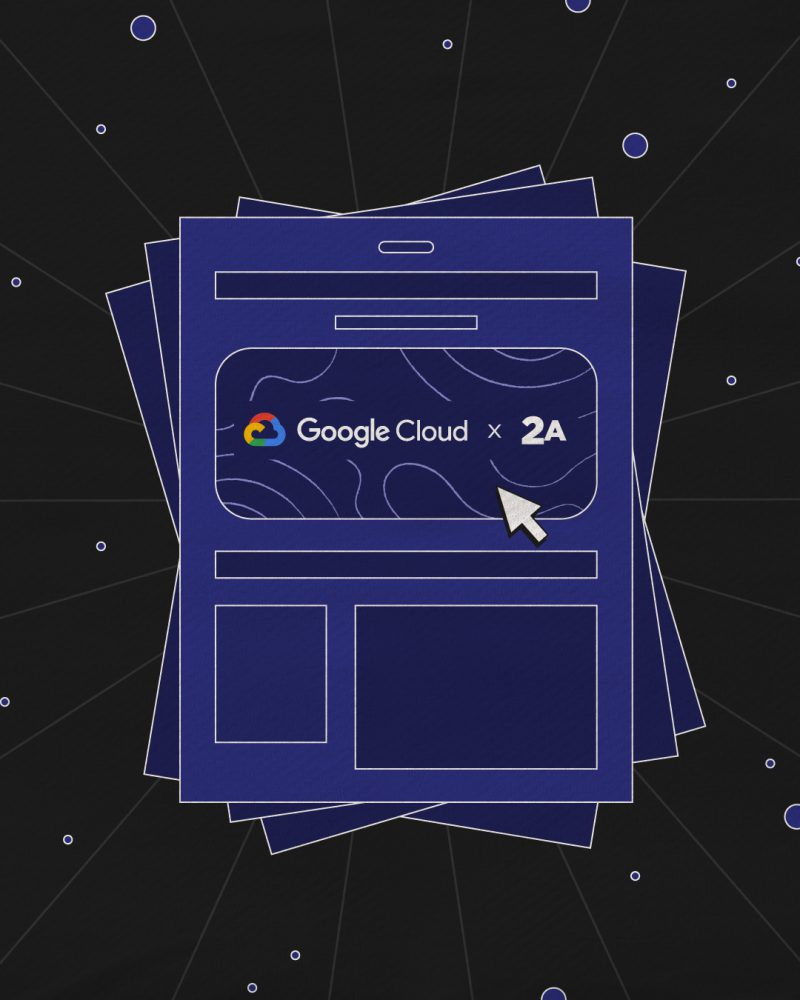 A stack of indigo blog page layouts on a dark starry grid, the top page showing a Google Cloud and 2A lockup with a cursor pointing at it.