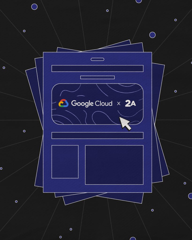 A stack of indigo blog page layouts on a dark starry grid, the top page showing a Google Cloud and 2A lockup with a cursor pointing at it.