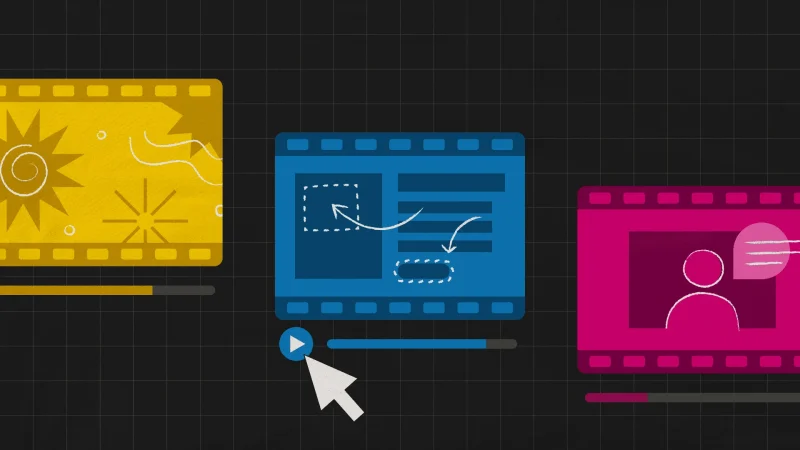 Three film-strip video players in yellow, blue, and magenta on a dark grid, the center one showing a landing-page wireframe with a cursor pressing play.