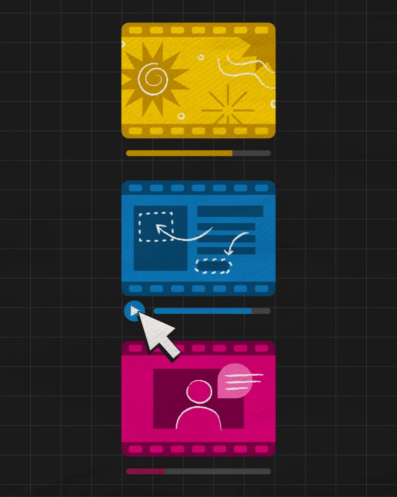 Three film-strip video players in yellow, blue, and magenta on a dark grid, the center one showing a landing-page wireframe with a cursor pressing play.