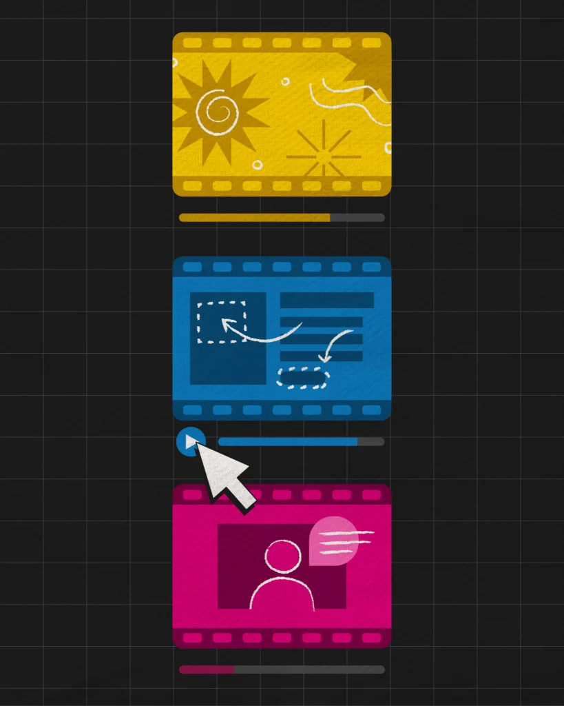 Three film-strip video players in yellow, blue, and magenta on a dark grid, the center one showing a landing-page wireframe with a cursor pressing play.