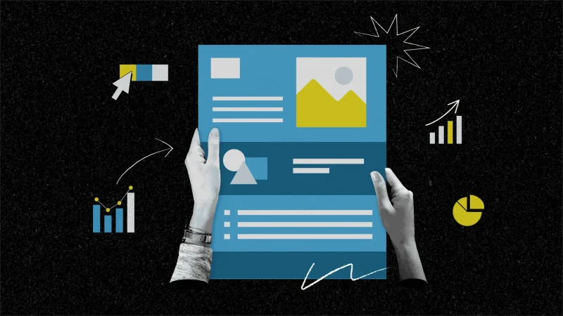 Two hands hold a blue report page with headline bars, an image placeholder, and a text block, surrounded by sketched bar charts, a pie chart, an arrow, and a cursor on a black background.