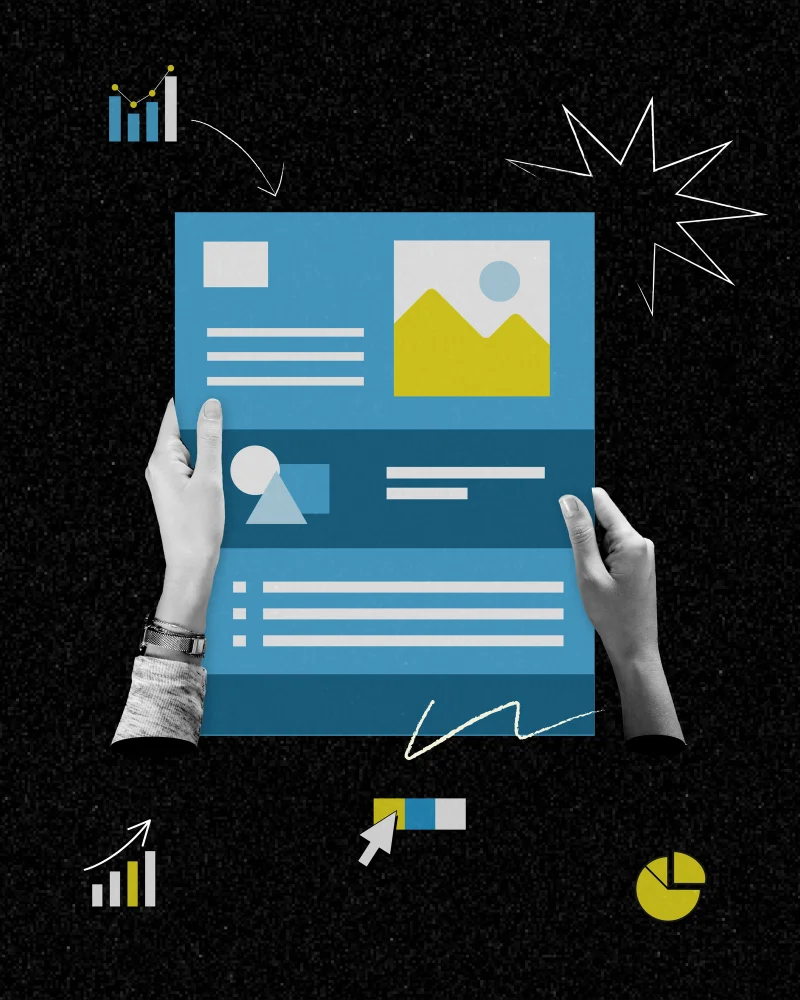 Two hands hold a blue report page with headline bars, an image placeholder, and a text block, surrounded by sketched bar charts, a pie chart, an arrow, and a cursor on a black background.