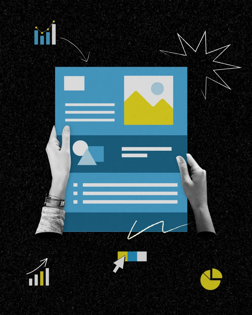 Two hands hold a blue report page with headline bars, an image placeholder, and a text block, surrounded by sketched bar charts, a pie chart, an arrow, and a cursor on a black background.