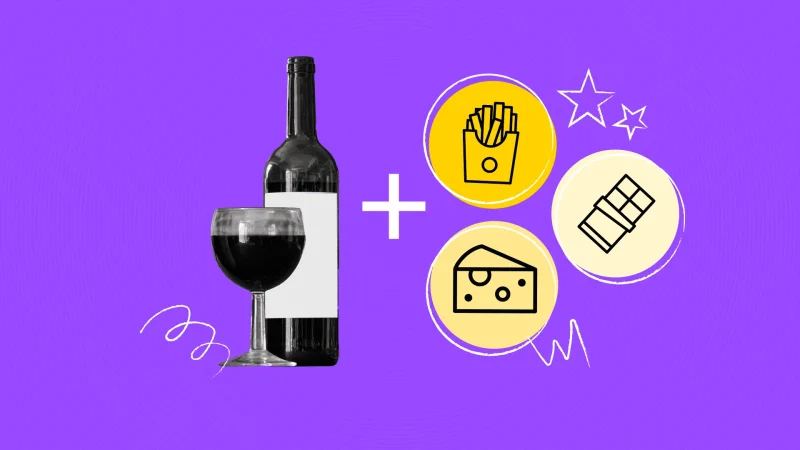 A bottle and glass of red wine on a purple background, a plus sign, and three circles holding icons of french fries, a chocolate bar, and cheese.