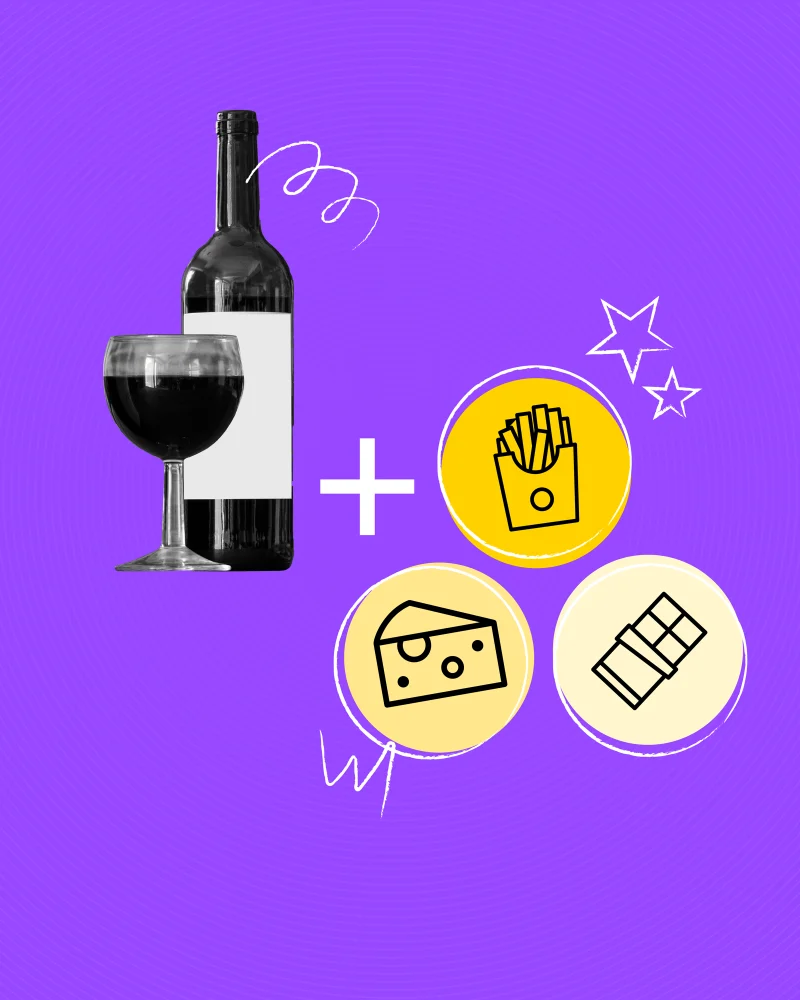 A bottle and glass of red wine on a purple background, a plus sign, and three circles holding icons of french fries, a chocolate bar, and cheese.